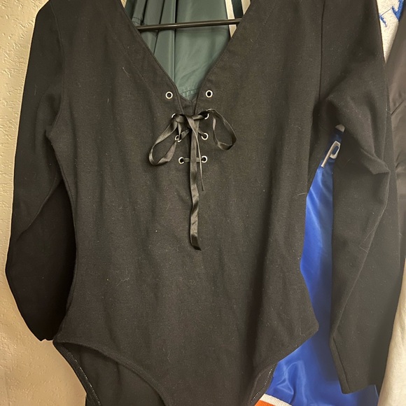 Black Tie Front Bodysuit with Long Sleeves - Picture 1 of 6